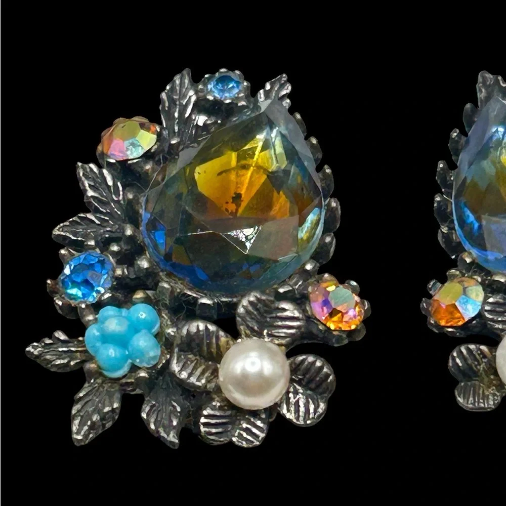 Vintage ART Arthur Pepper Floral Blue Rhinestone Brooch Earring Set
